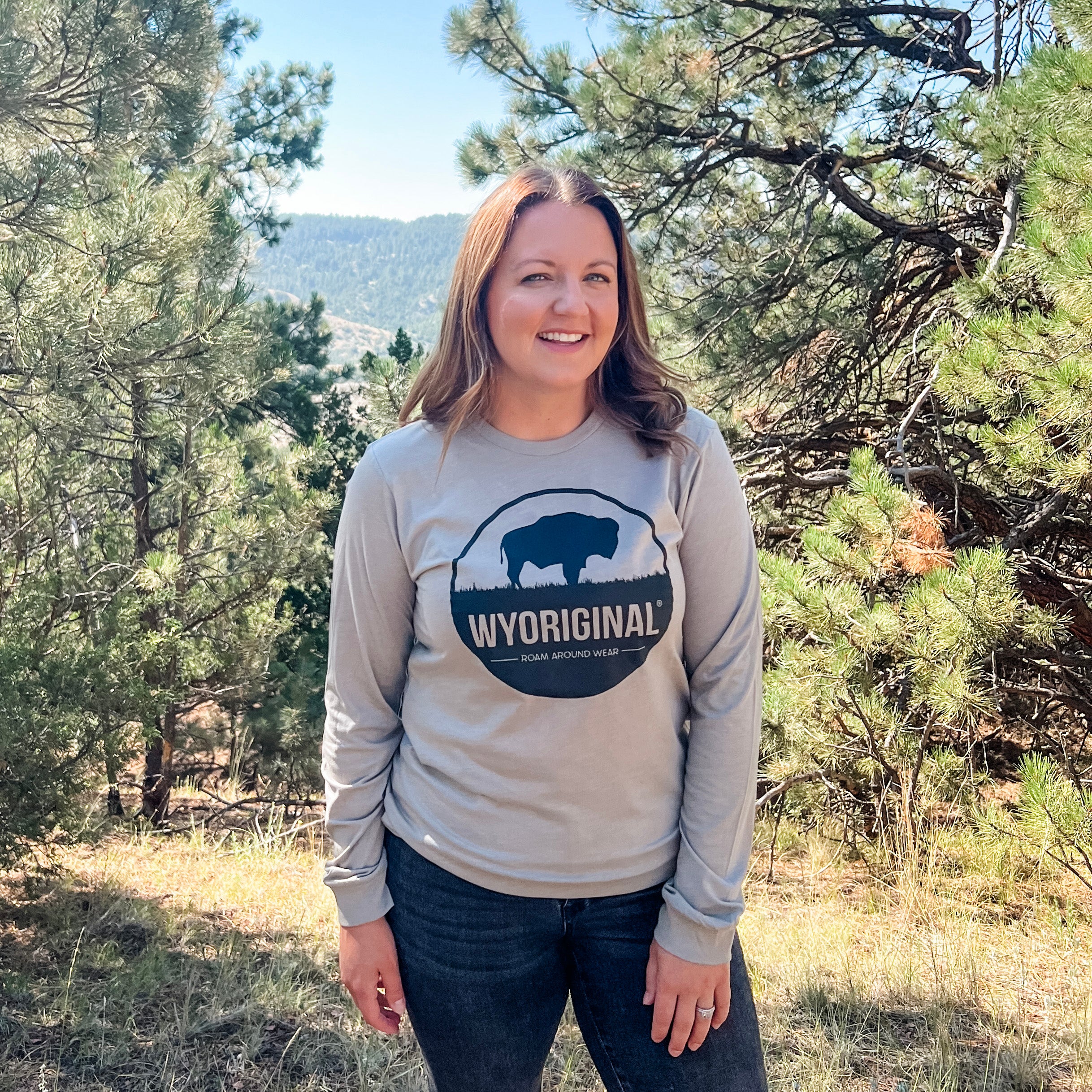 Wyoriginal Bison on unisex long sleeve tee. Roam Around Wear is a Wyoming t-shirt company based in Gillette, Wyoming