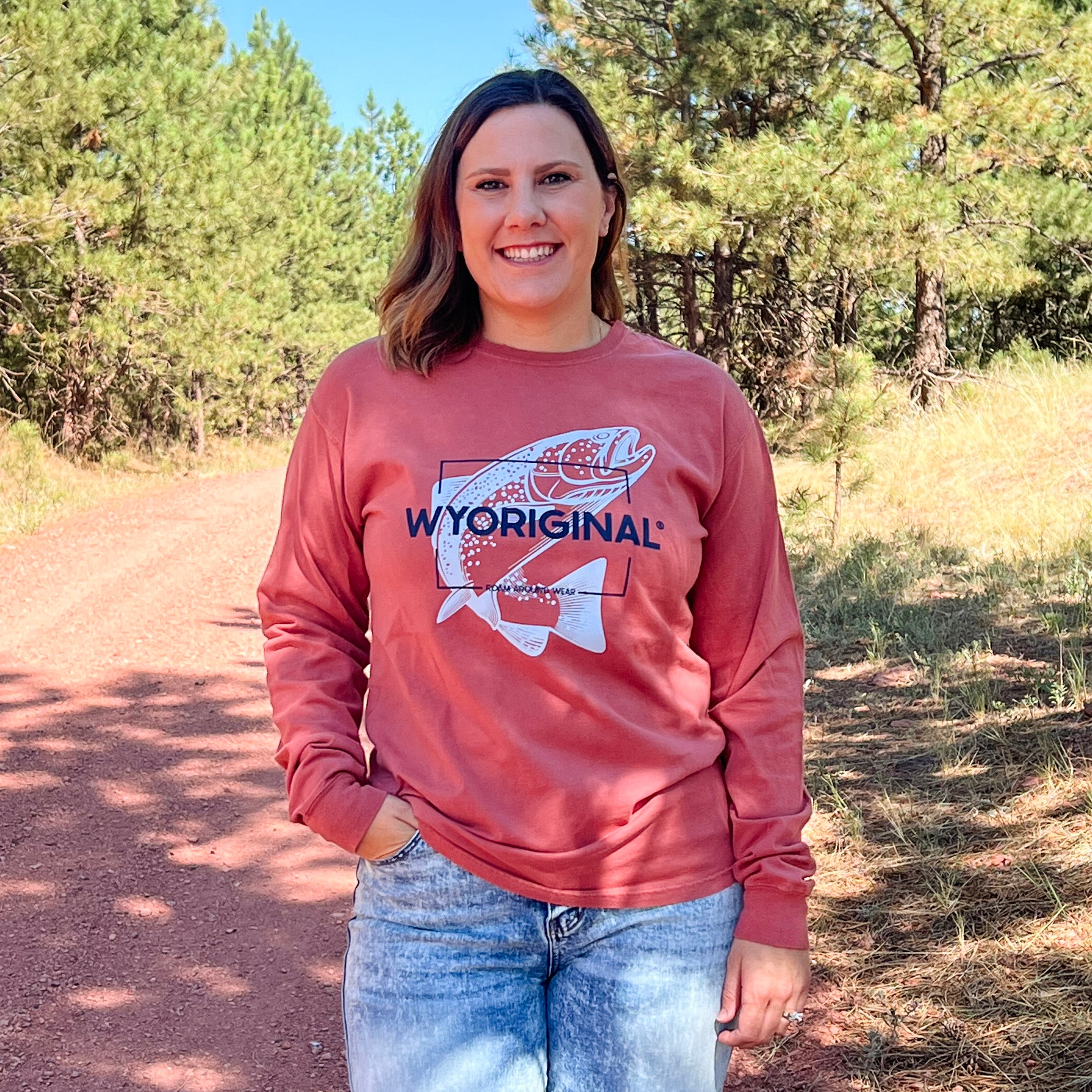 WYORIGNAL Square State Unisex tee. Powder Blue Trout with a Navy WYORIGINAL imprint. Wyoming t-shirt company based out of Gillette, Wyoming