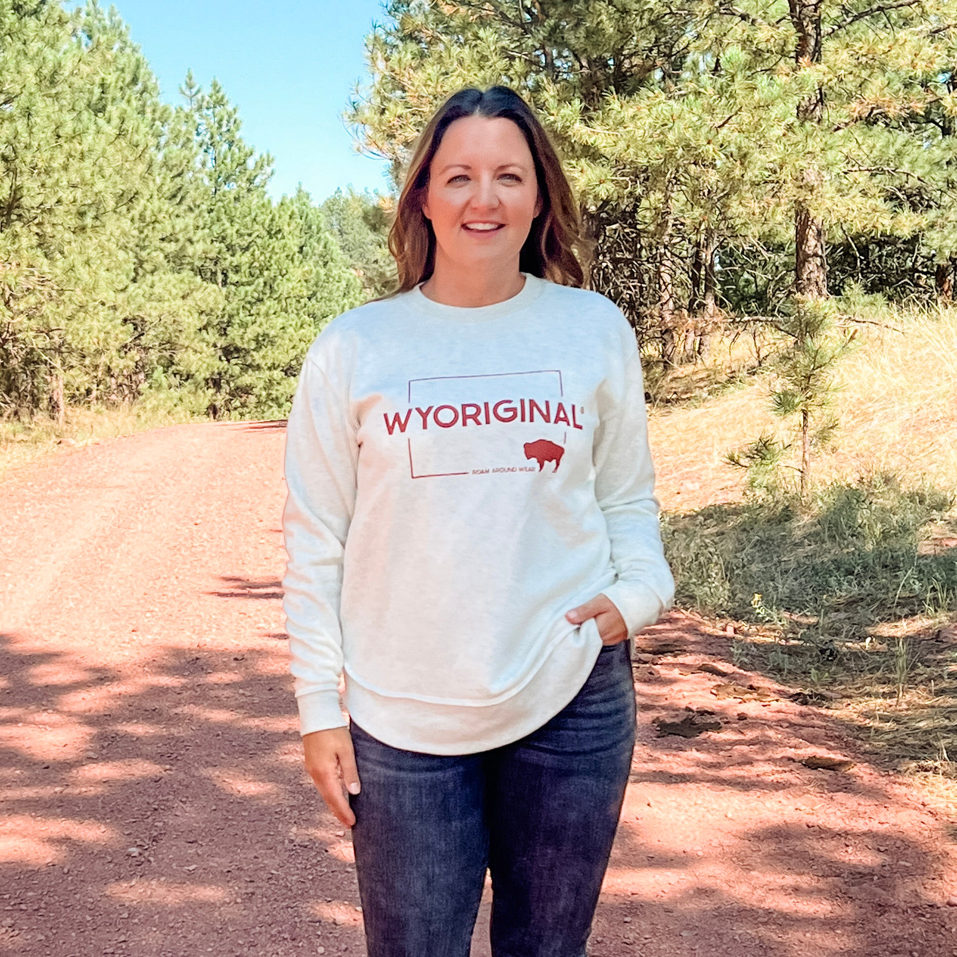 Natural crew women's sweatshirt. Wyoriginal sweatshirt. Roam Around Wear is a Wyoming T-shirt company based in Gillette, Wyoming