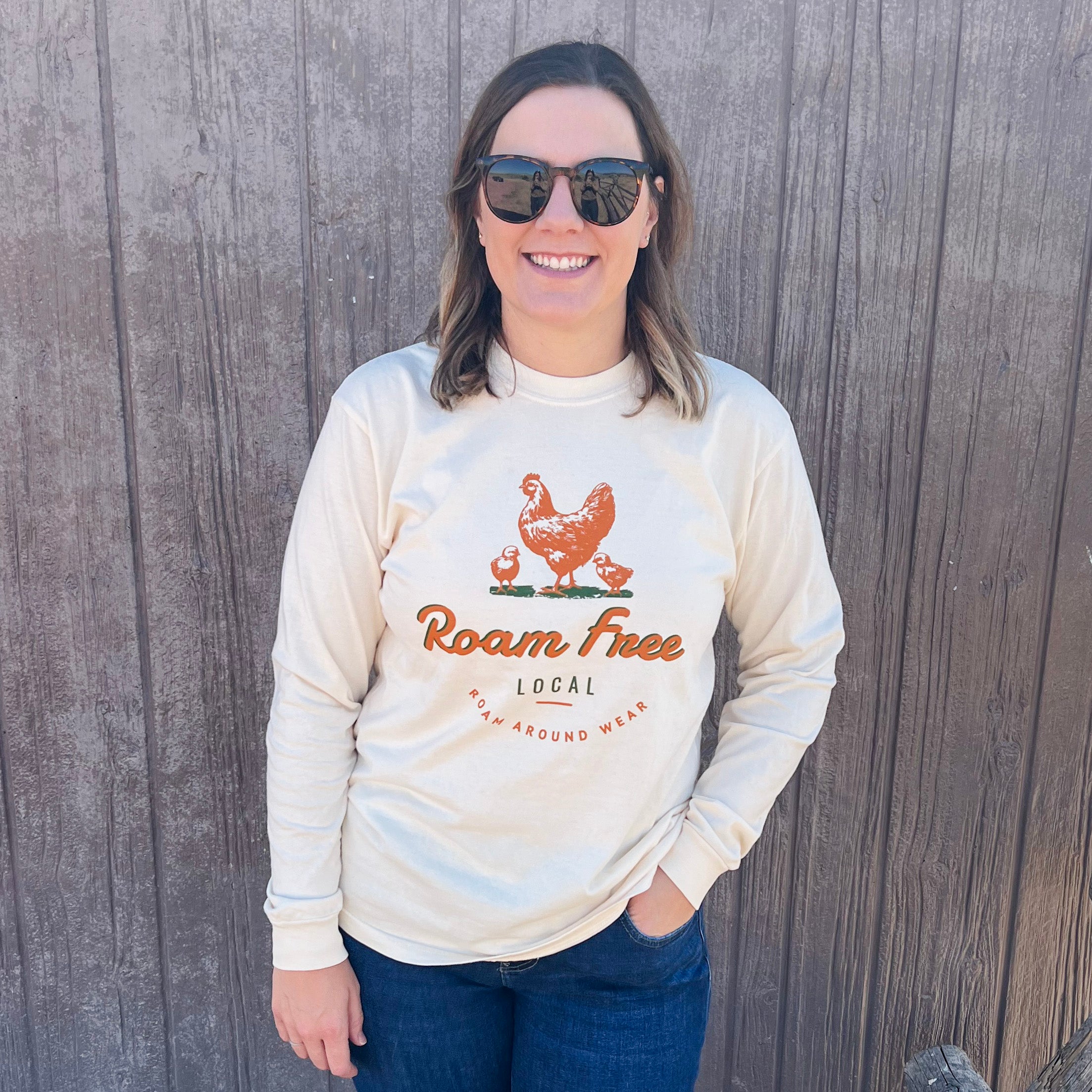 Roam Free Chicken Long Sleeve Tee. Chicken Shirt. Ranch Shirt. Roam Around Wear is a Wyoming t-shirt company based in Gillette, Wyoming