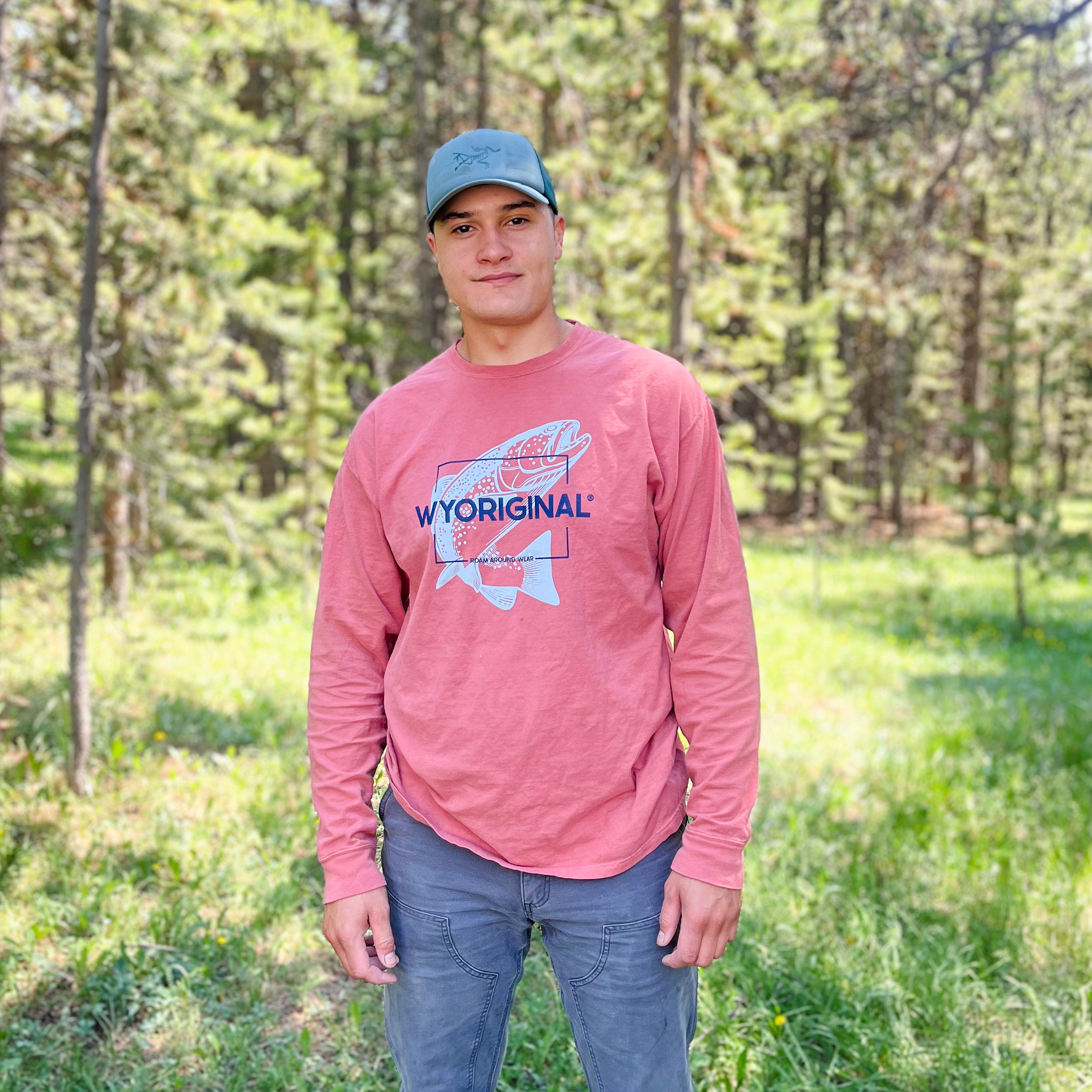 WYORIGNAL Square State Unisex tee. Powder Blue Trout with a Navy WYORIGINAL imprint. Wyoming t-shirt company based out of Gillette, Wyoming