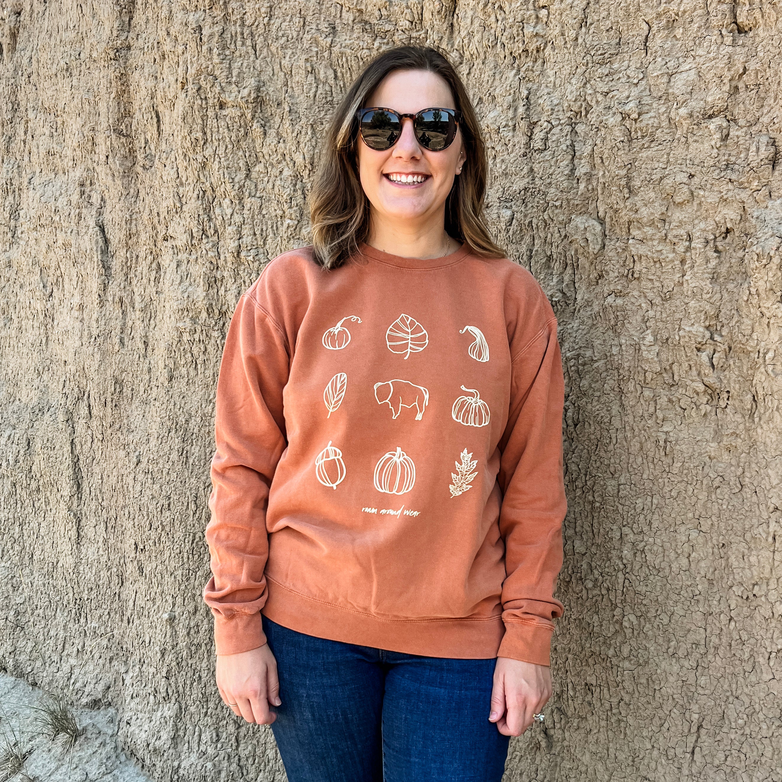 Unisex crew sweatshirt with fall icons. Roam Around Wear is a Wyoming t-shirt company based out of Gillette, Wyoming