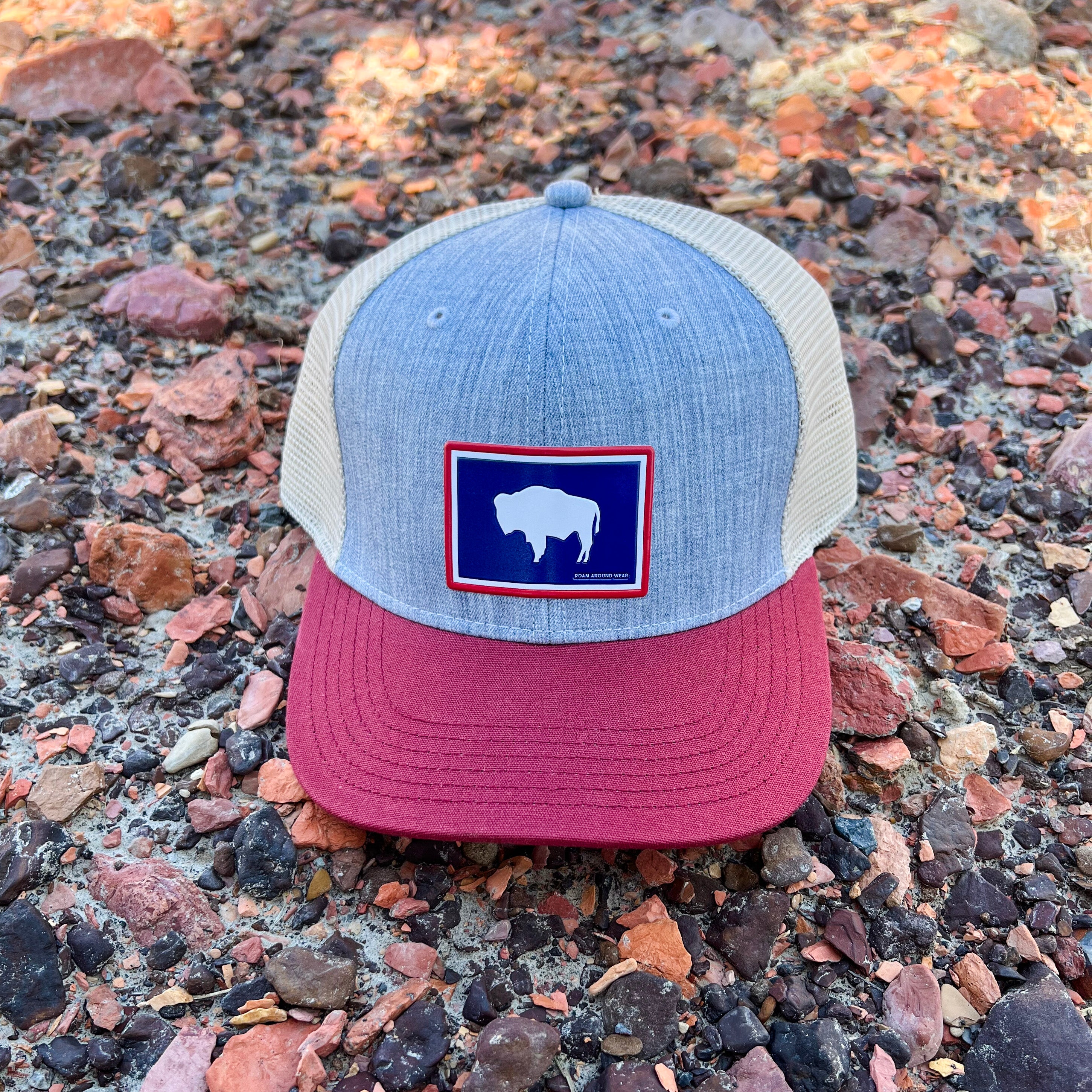 Bison flag Wyoming Flag trucker hat. Patriotic flag hat. Wyoming Hat. Roam Around Wear is a Wyoming company based out of Gillette, WY. Hats are printed in Wright, WY