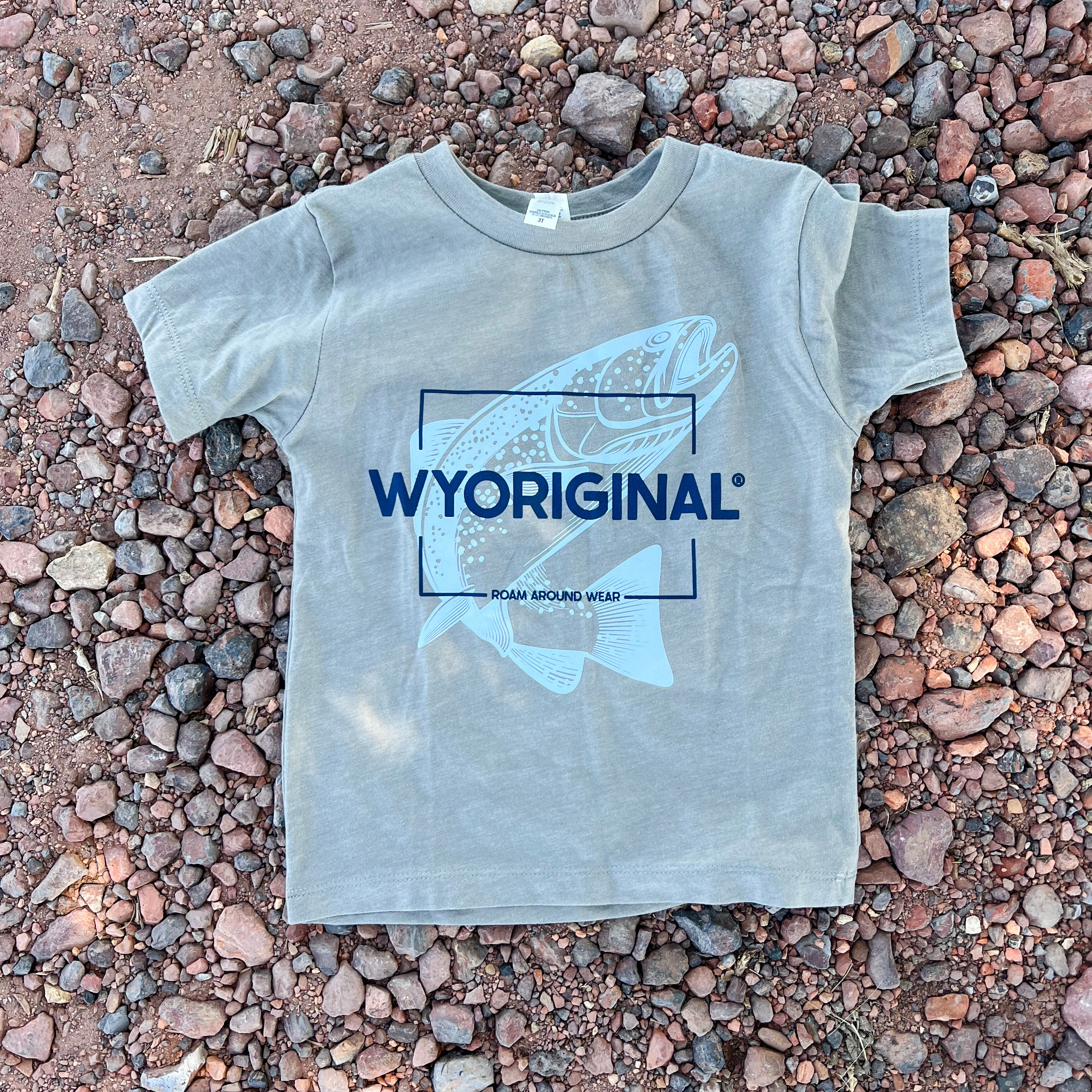 Wyoriginal toddler tee. Trout tee. Fishing t-shirt. Roam Around Wear is a Wyoming t-shirt company based in Gillette, WY