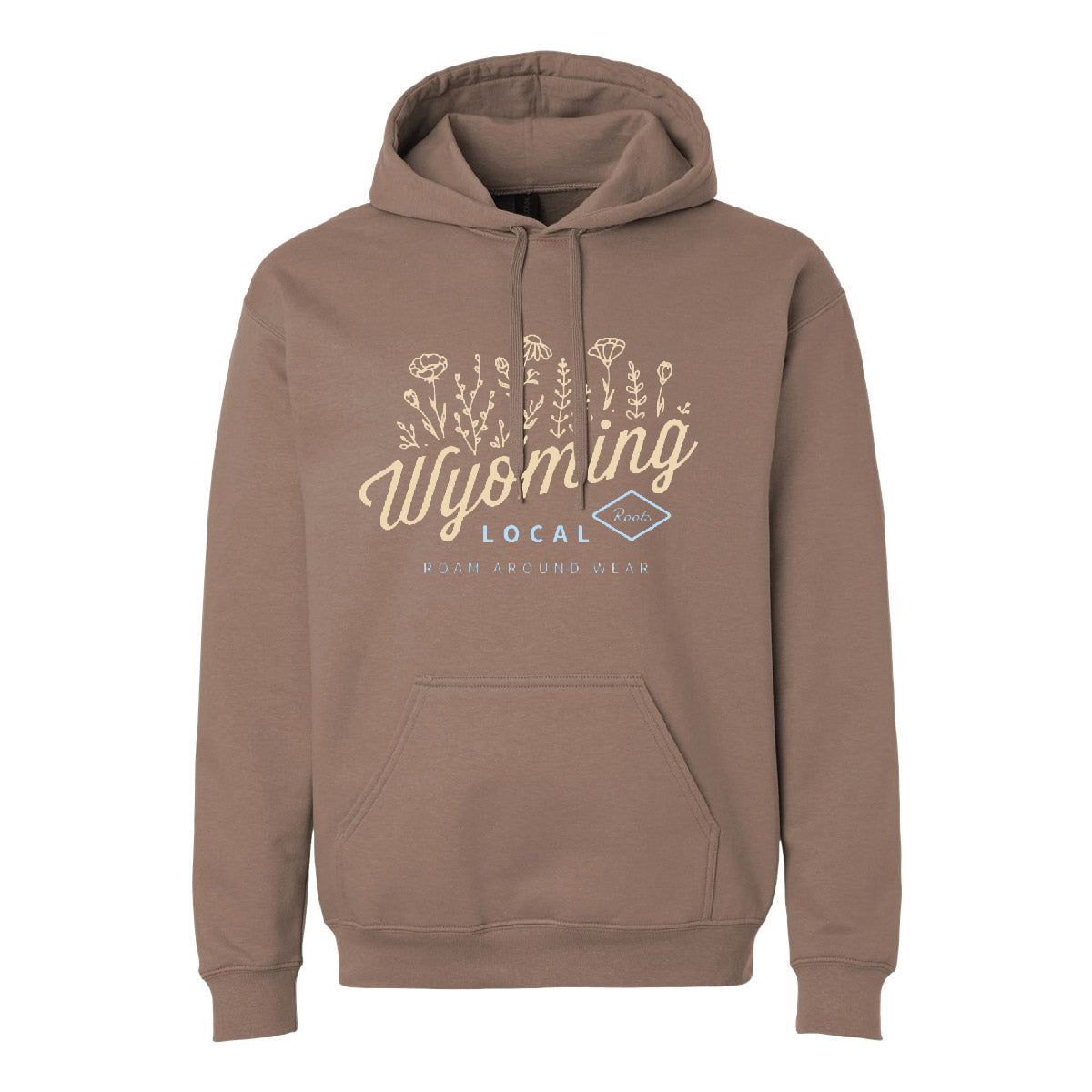 Spring Hoodie. Wyoming floral Hooded Sweatshirt. Wyoming Hoodie. Unisex Hooded Sweatshirt. Women's brown hoodie with beige and light blue floral. Roam Around Wear is a Wyoming t-shirt company based in Gillette, Wyoming