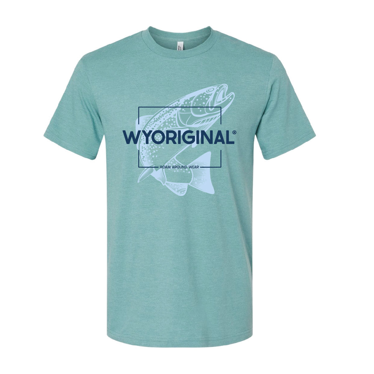 WYORIGNAL Square State Unisex tee. Powder Blue Trout with a Navy WYORIGINAL imprint. Wyoming t-shirt company based out of Gillette, Wyoming