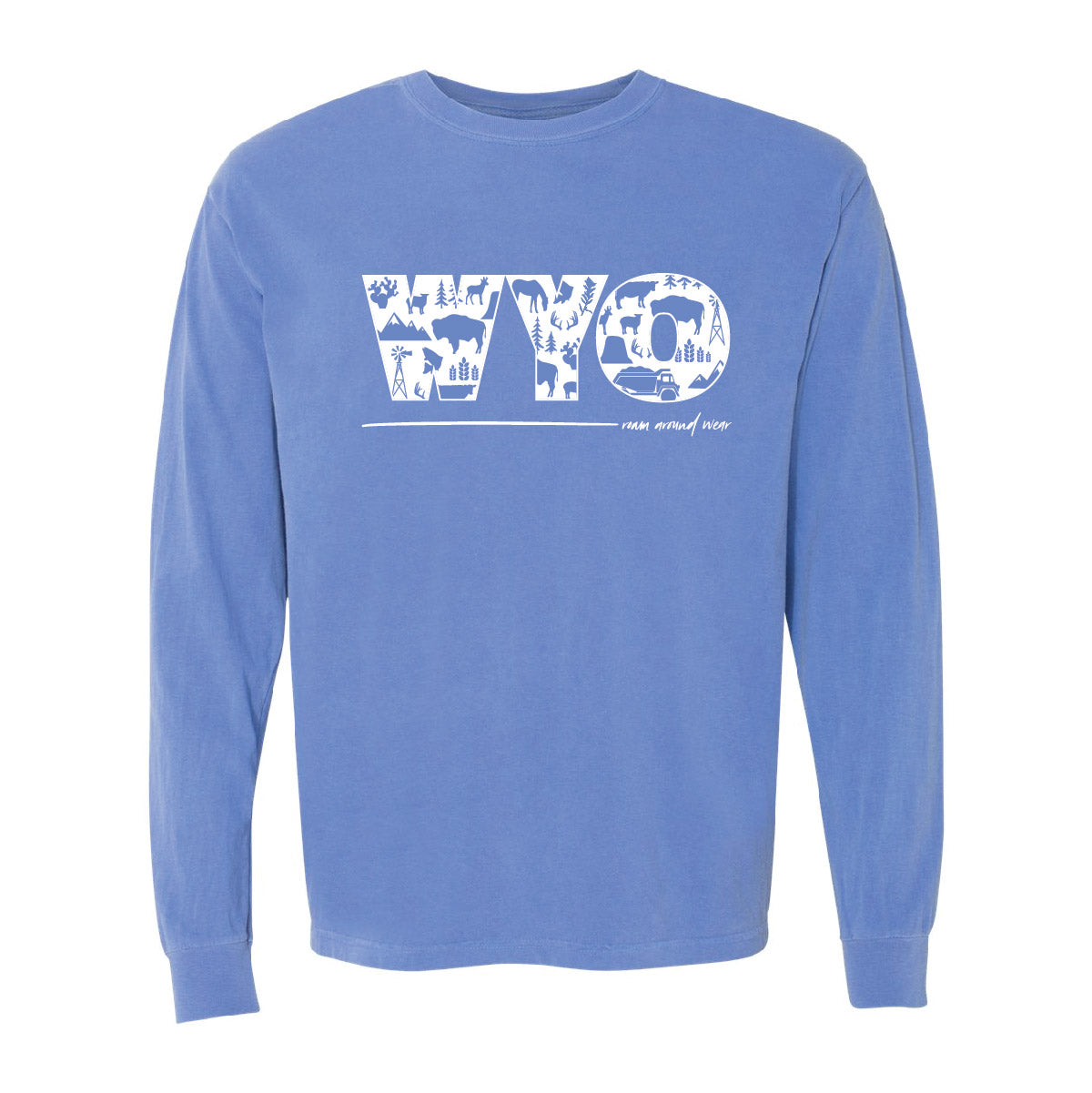 WYO icons on unisex dark periwinkle long sleeve. Roam Around Wear is a Wyoming t-shirt company based in Gillette, Wyoming