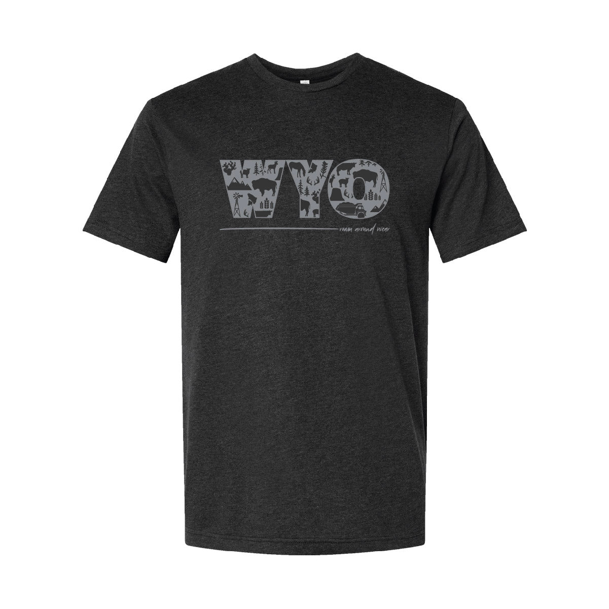 WYO icons on unisex gray tee. Roam Around Wear is a Wyoming t-shirt company based in Gillette, Wyoming