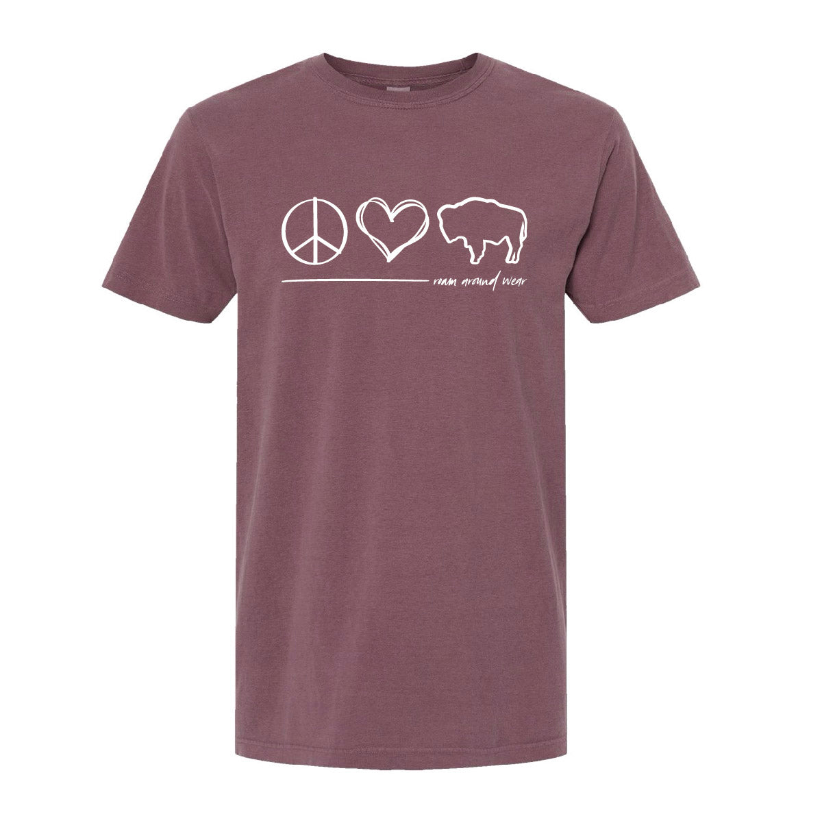 Peace, love, bison design in white on burgundy tee. Roam Around Wear is a women owned Wyoming T-Shirt company based out of Gillette, Wyoming.