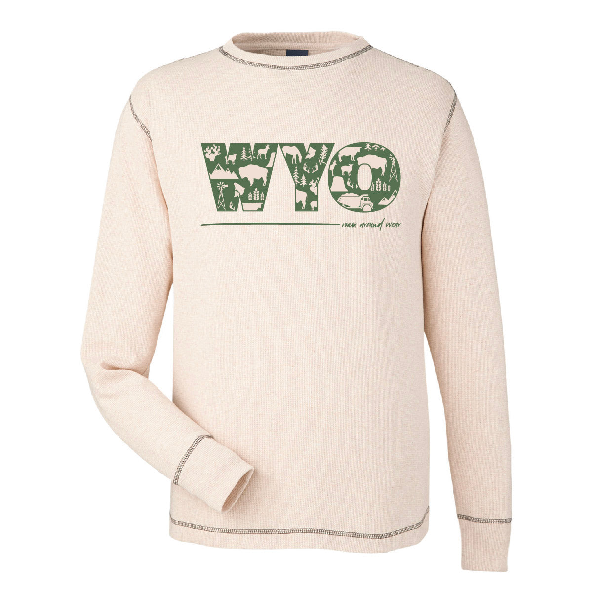 WYO icons on unisex long sleeve thermal. Roam Around Wear is a Wyoming t-shirt company based in Gillette, Wyoming