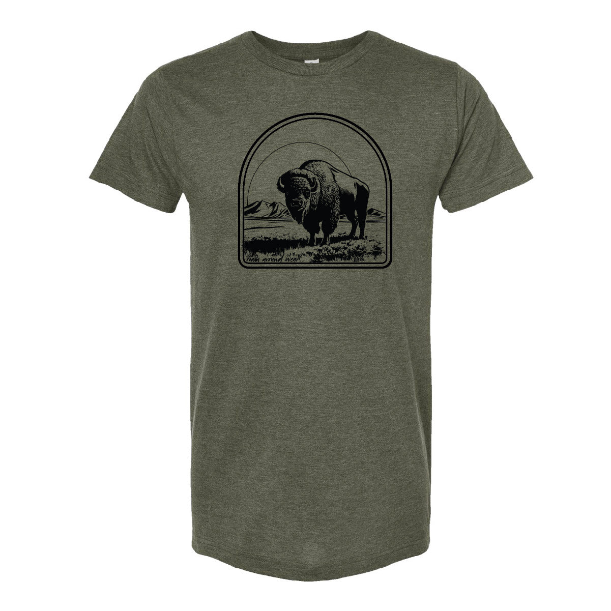 Illustrated Bison tee on military green. Roam Around Wear is a Wyoming t-shirt company based in Gillette, Wyoming