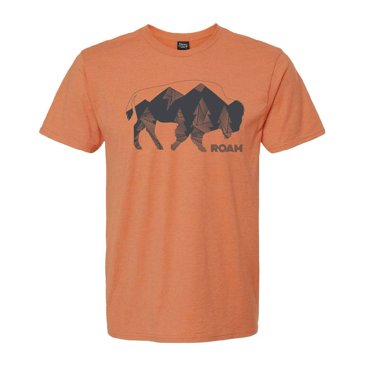 Geometric Tree Bison design in black on pepper tee. Roam Around Wear is a women owned Wyoming T-Shirt company based out of Gillette, Wyoming.