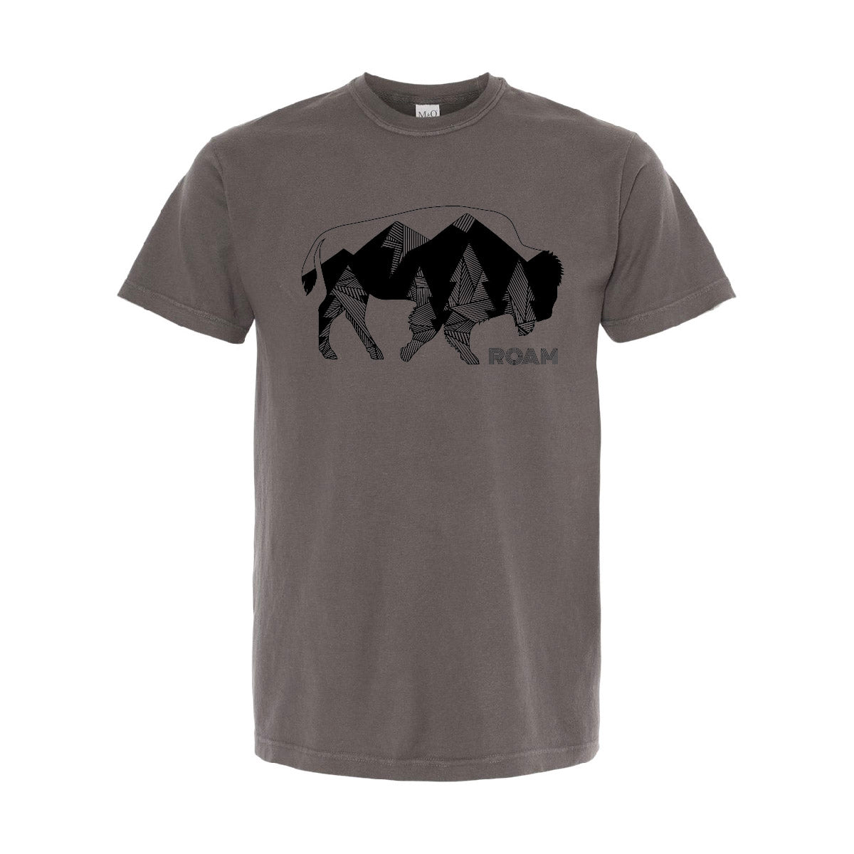 Geometric Tree Bison design in black on pepper tee. Roam Around Wear is a women owned Wyoming T-Shirt company based out of Gillette, Wyoming.