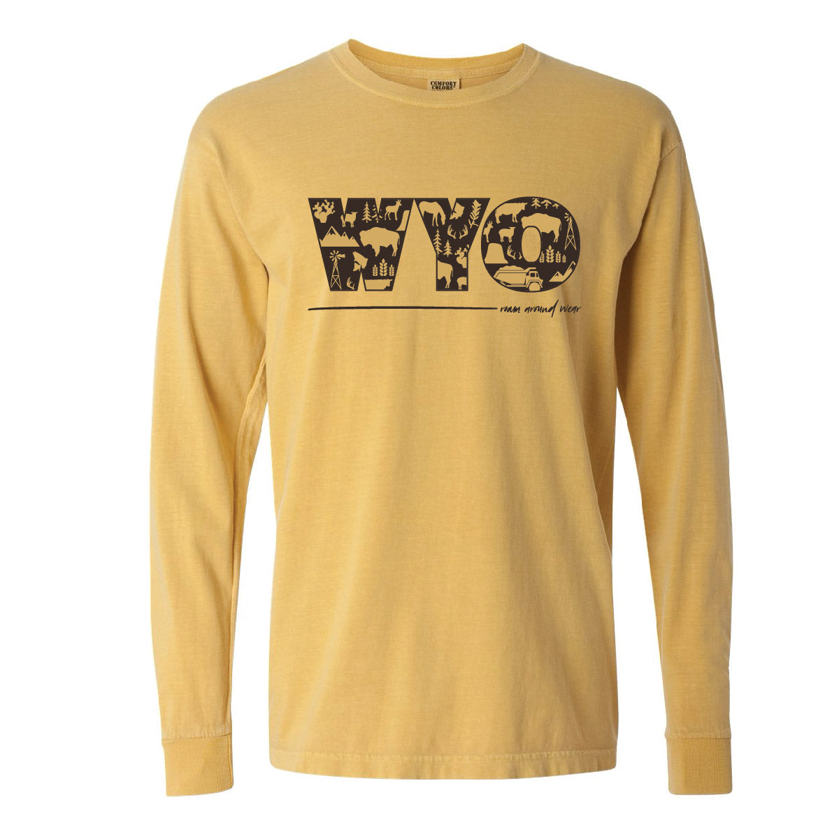 WYO icons on unisex long sleeve. Roam Around Wear is a Wyoming t-shirt company based in Gillette, Wyoming