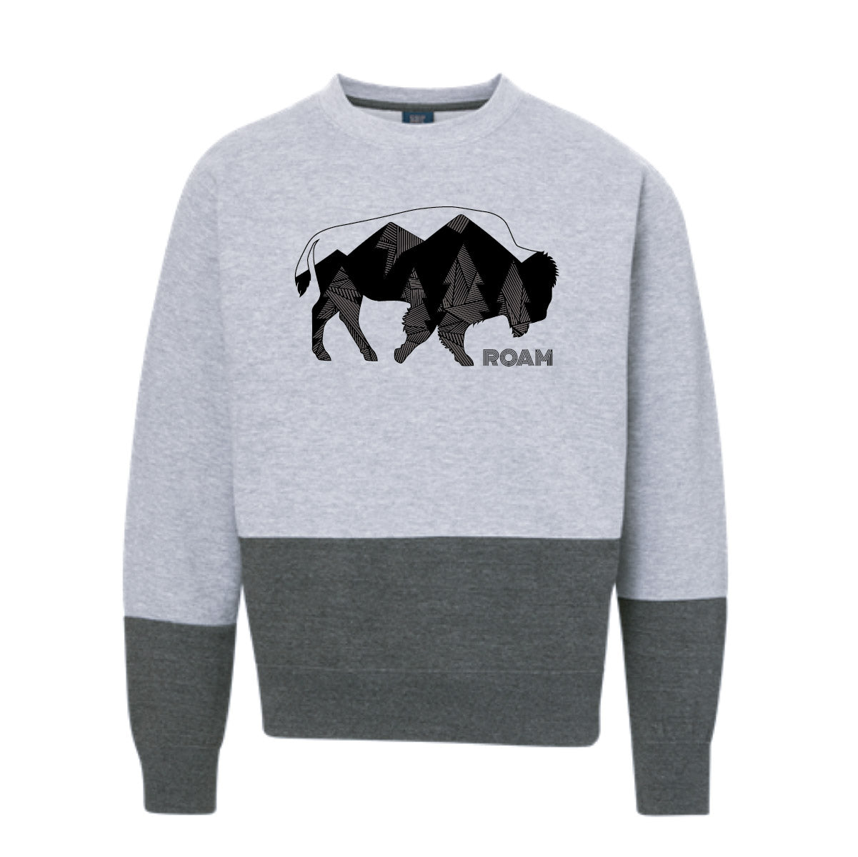 Geometric Tree Bison design in black on crew sweatshirt. Roam Around Wear is a women owned Wyoming T-Shirt company based out of Gillette, Wyoming.