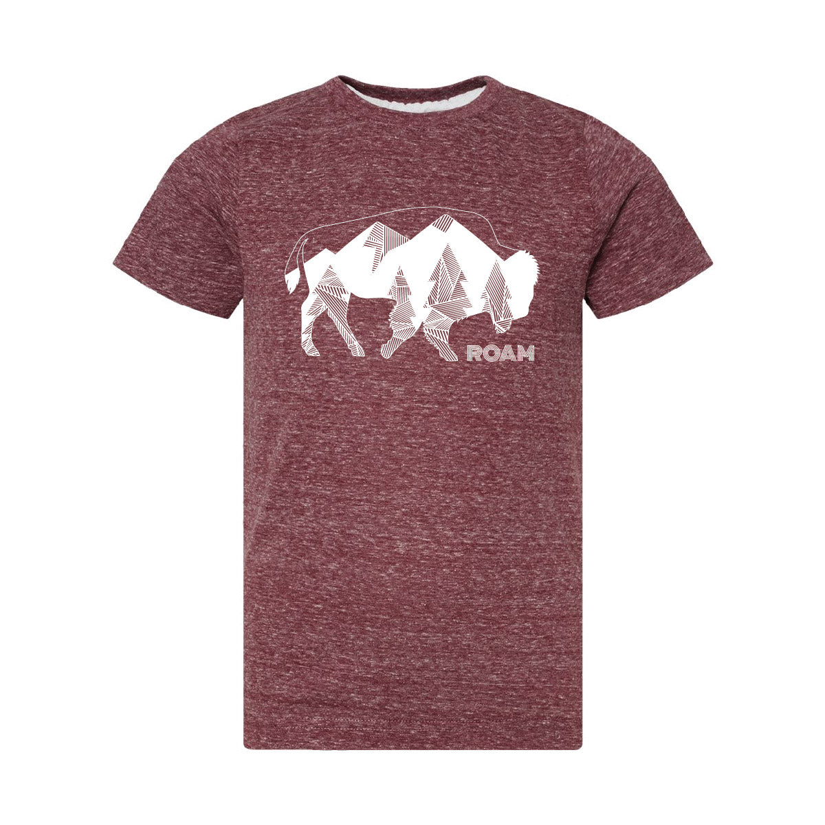 Geometric Tree Bison design in white  on burgundy  tee. Roam Around Wear is a women owned Wyoming T-Shirt company based out of Gillette, Wyoming.