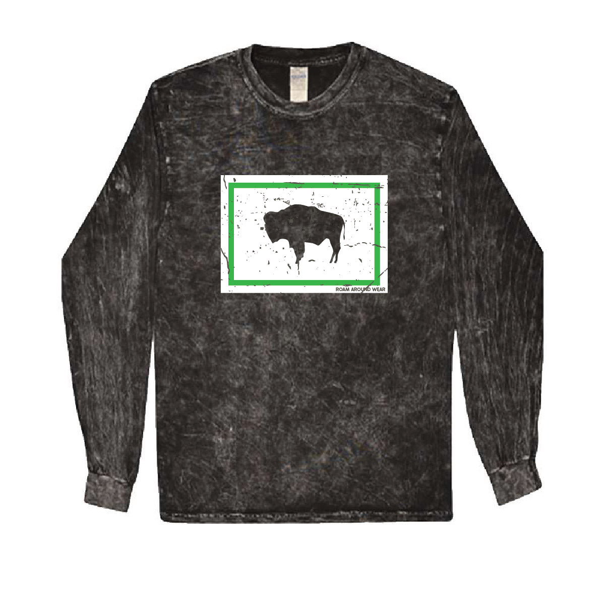 Bison Flag long sleeve. neon. mineral wash. Roam Around Wear is a Wyoming T-shirt company based in Gillette, Wyoming