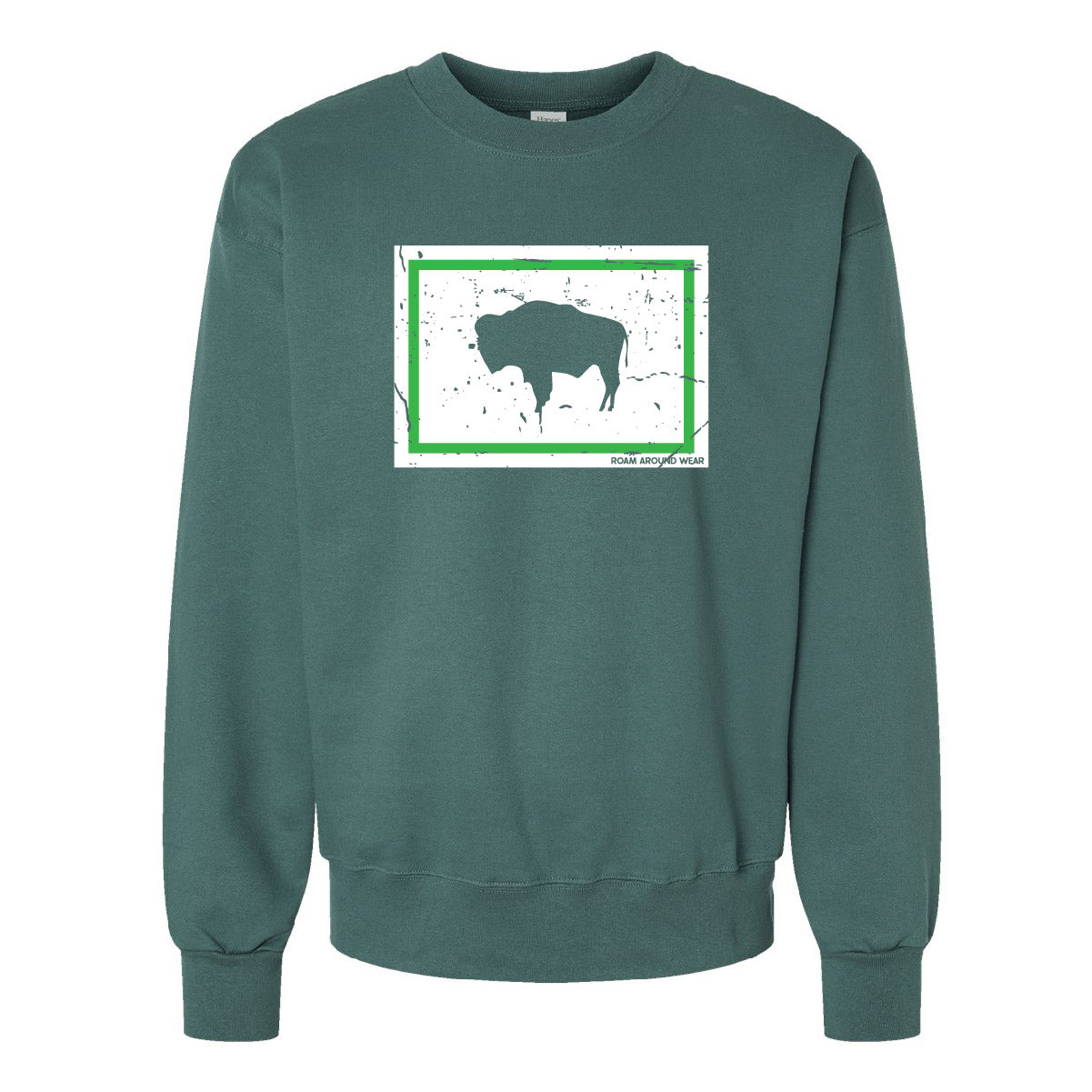 Bison Flag sweatshirt. neon. crew sweatshirt. Roam Around Wear is a Wyoming T-shirt company based in Gillette, Wyoming