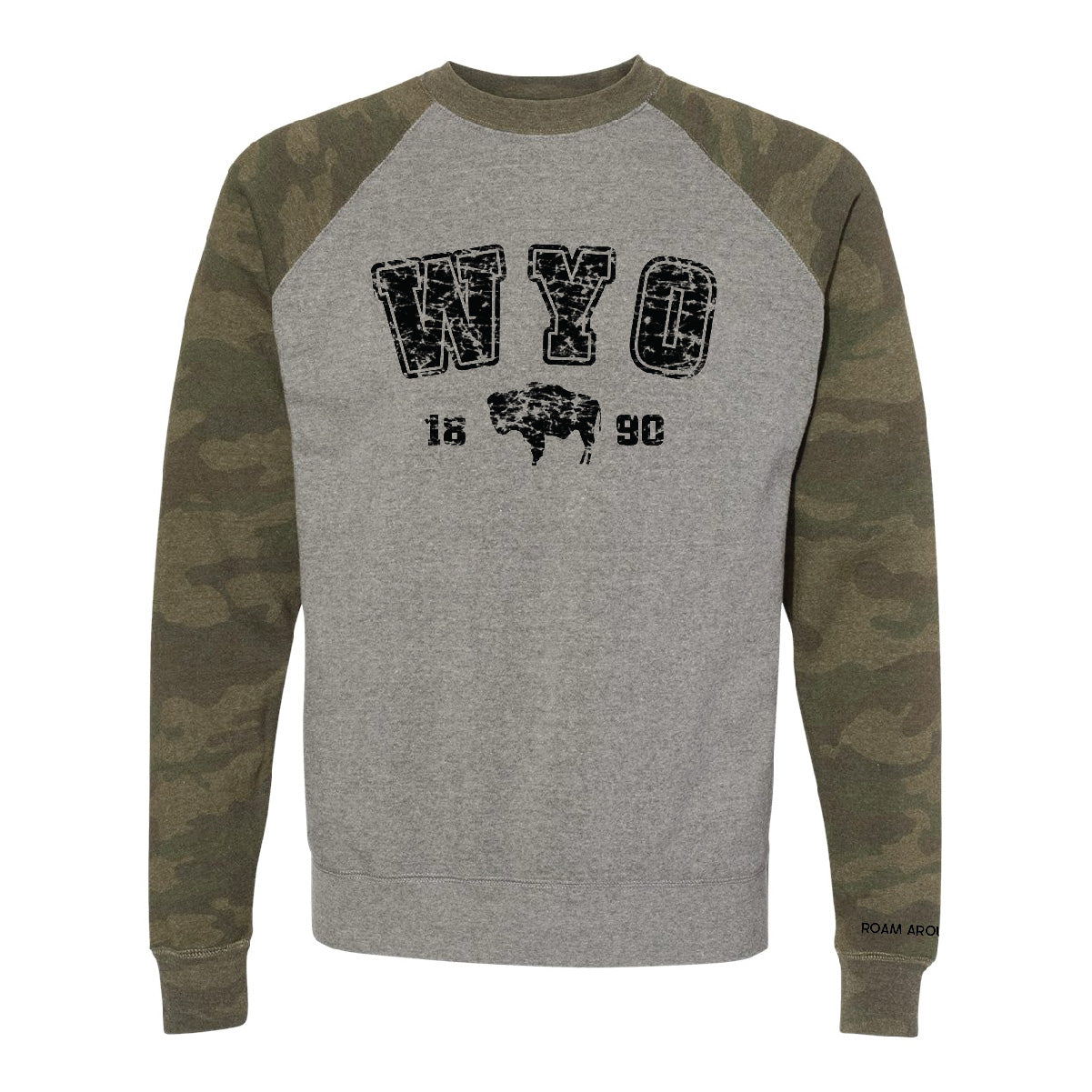 Distressed WYO Bison Crew Sweatshirt Gray Camo