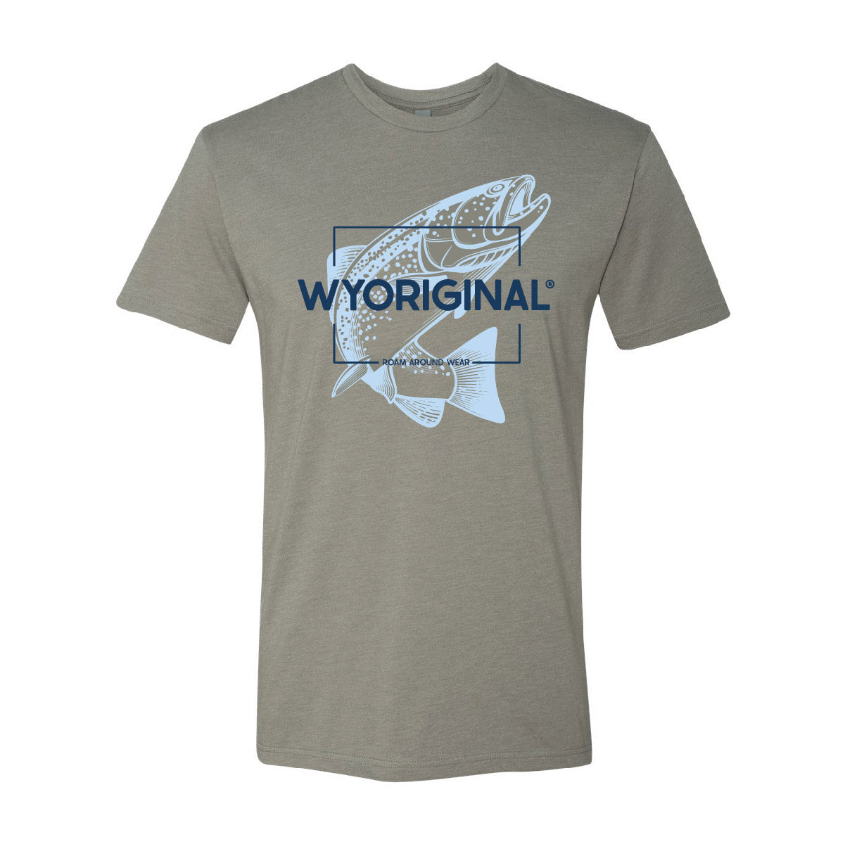 WYORIGNAL Square State Unisex tee. Powder Blue Trout with a Navy WYORIGINAL imprint. Wyoming t-shirt company based out of Gillette, Wyoming